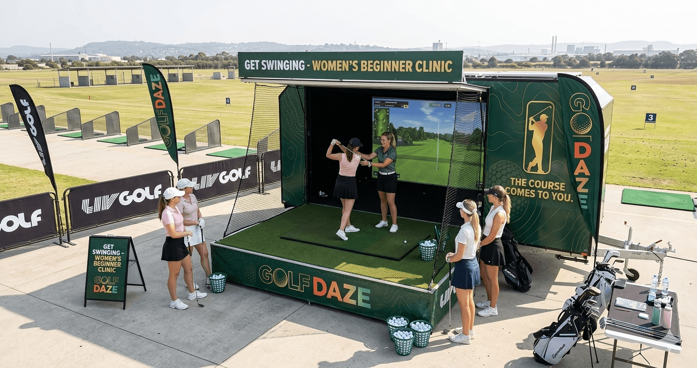 Women's golf coaching clinic using Golf Daze Full Swing KIT simulator