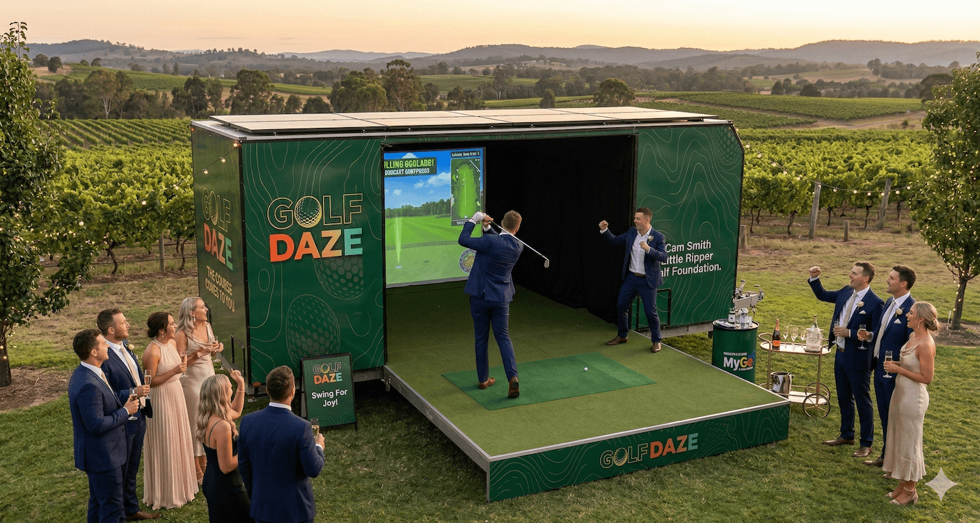 Golf Daze mobile golf simulator set up at an outdoor event in Australia