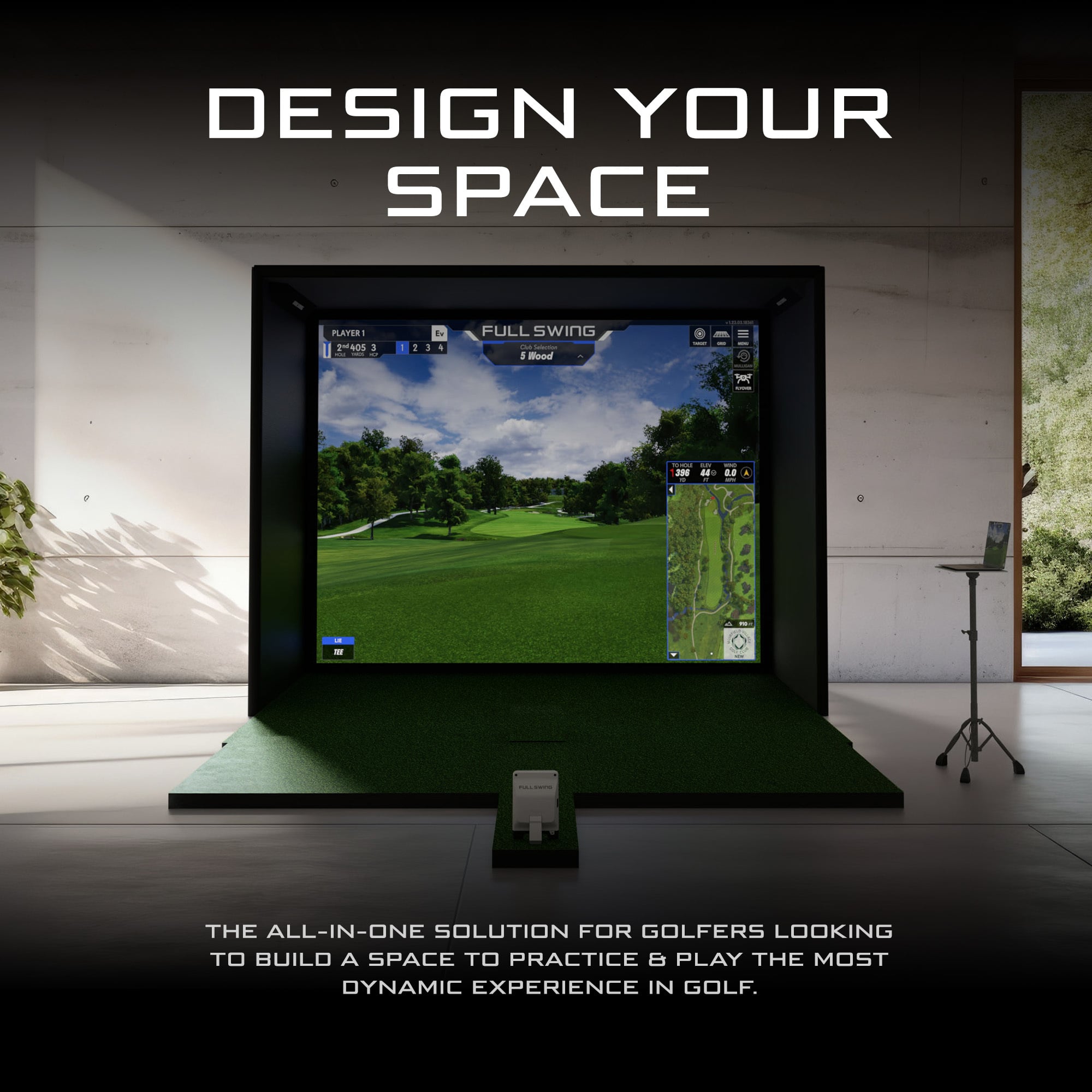 Full Swing KIT Studio permanent home golf simulator bay — space and layout