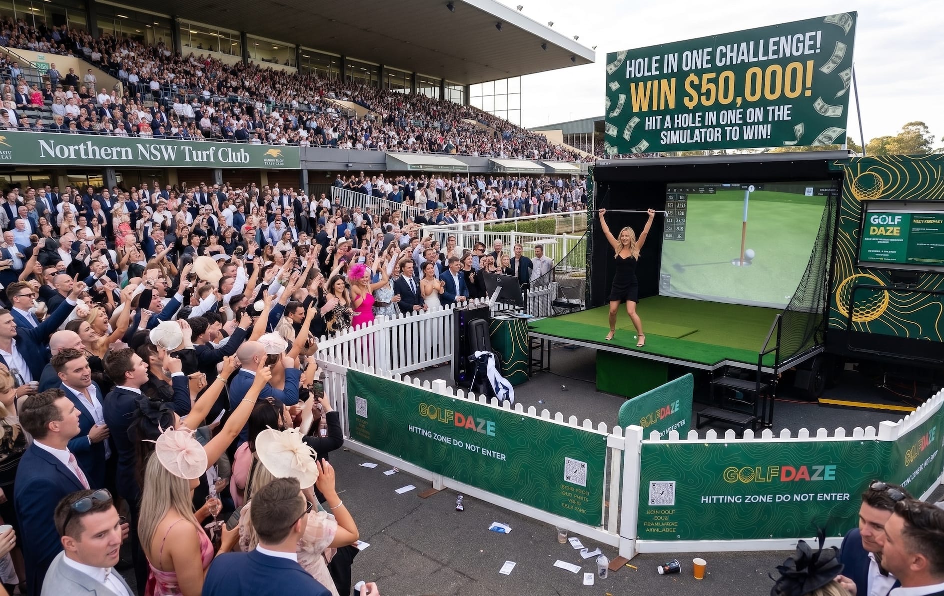 Crowd cheering a hole-in-one on the Golf Daze simulator at a Northern NSW Turf Club race day