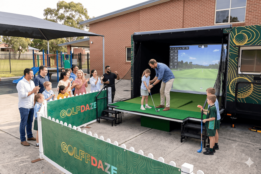 Students taking a swing at the Golf Daze simulator