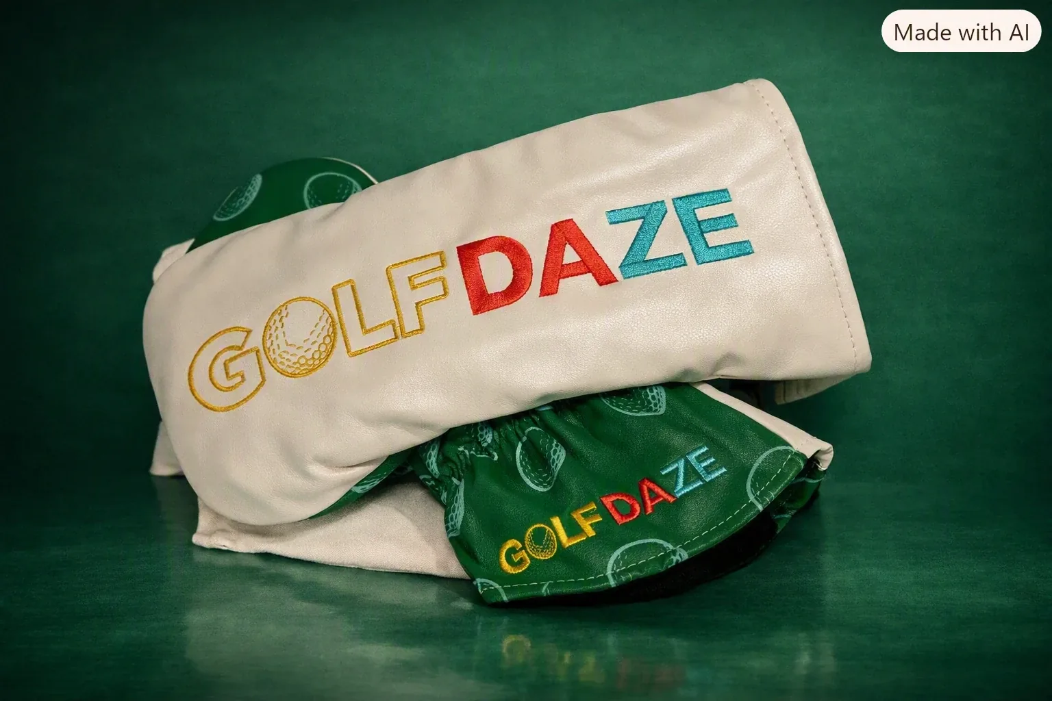 Golf Daze white leather driver headcover with green lining