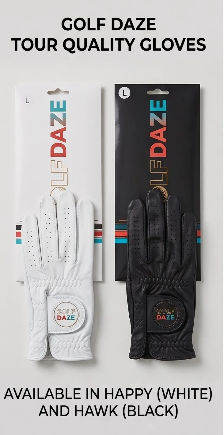 Golf Daze tour quality leather golf gloves in white and black with packaging