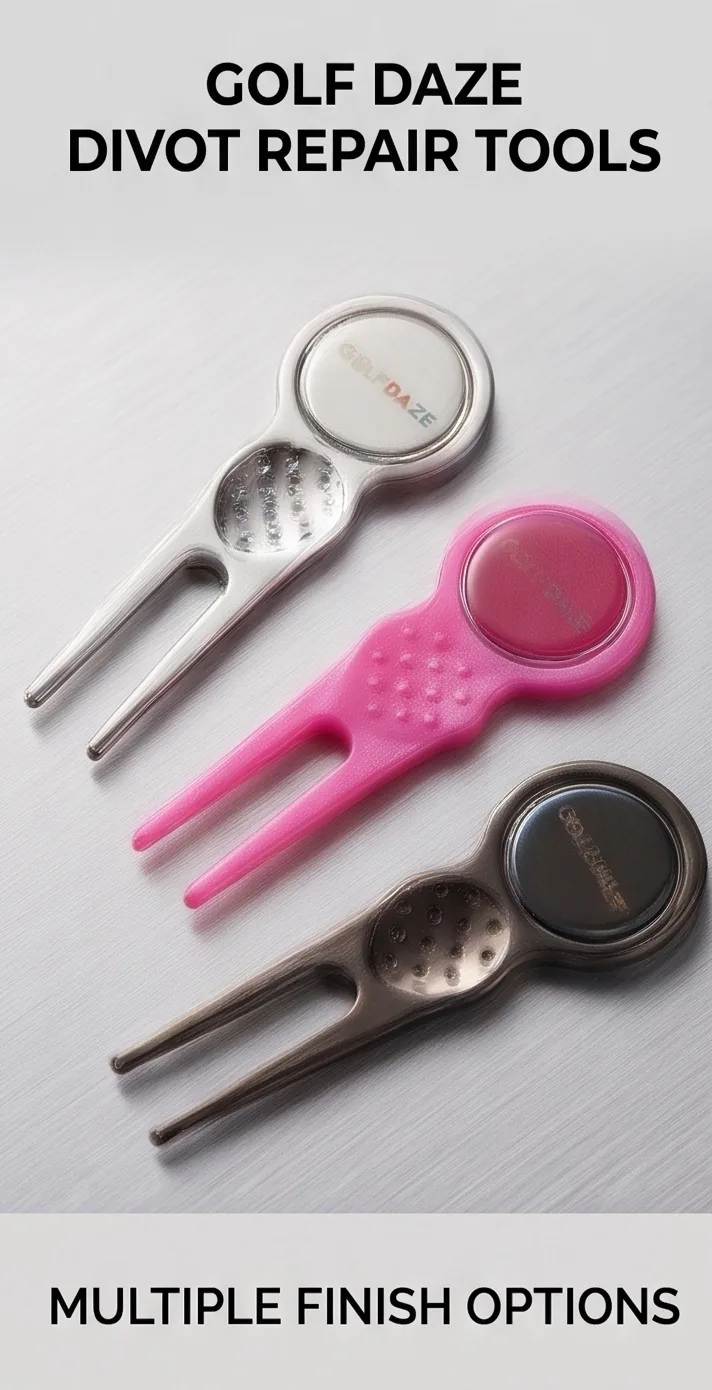 Golf Daze divot repair tools in silver, pink and black finishes