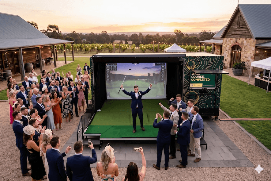 Golf Daze mobile golf simulator at an outdoor wedding celebration in Australia